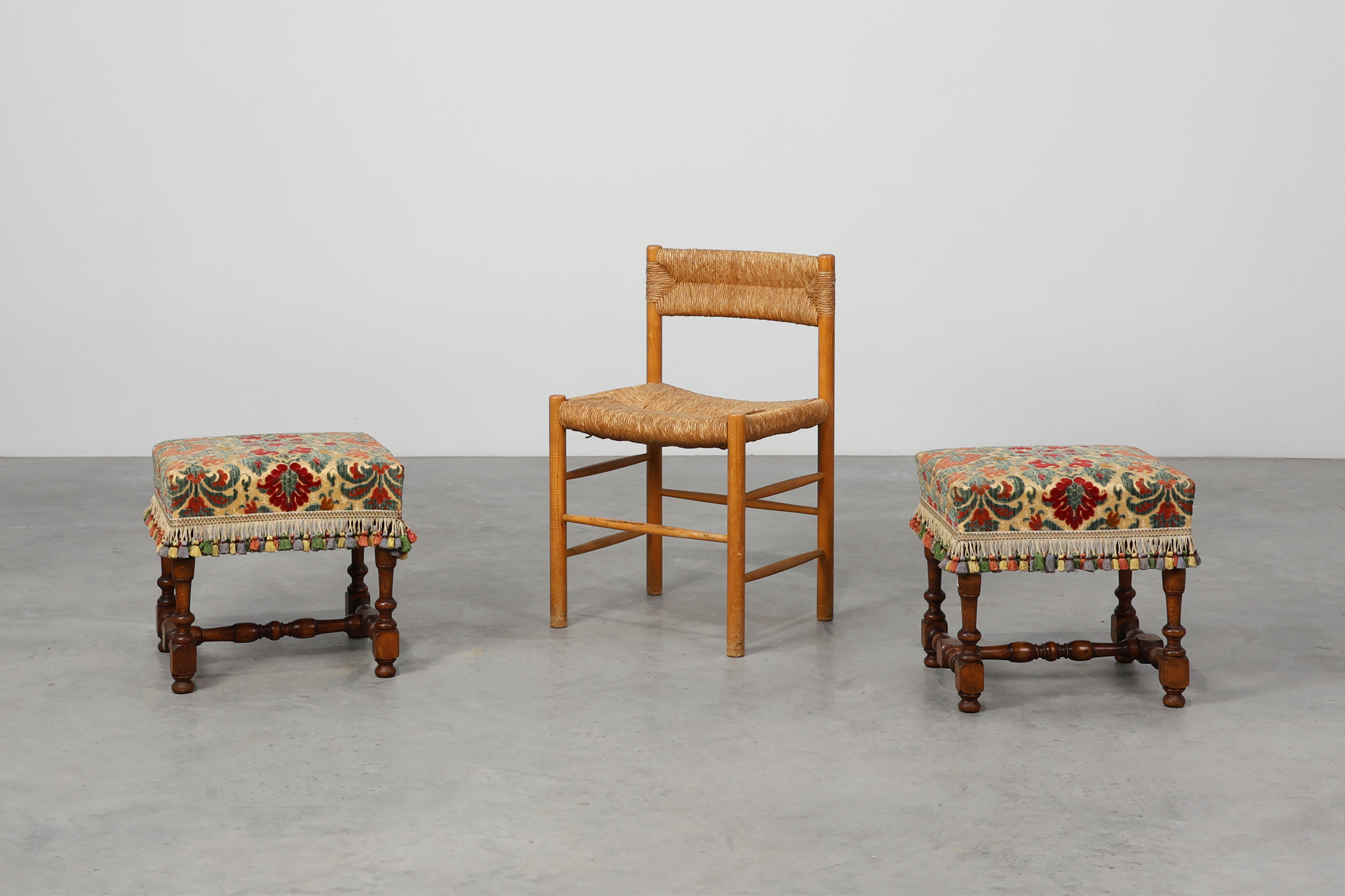 Early 20th Century Pair of Wood & Fabric French Footstoolsthumbnail